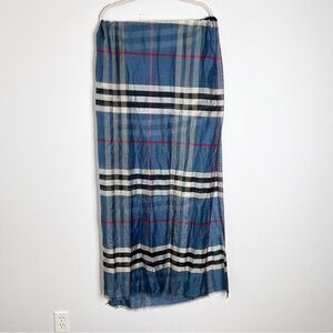Burberry scarf wrap unisex plaid blue large fringe 100” x 27” rectangular I